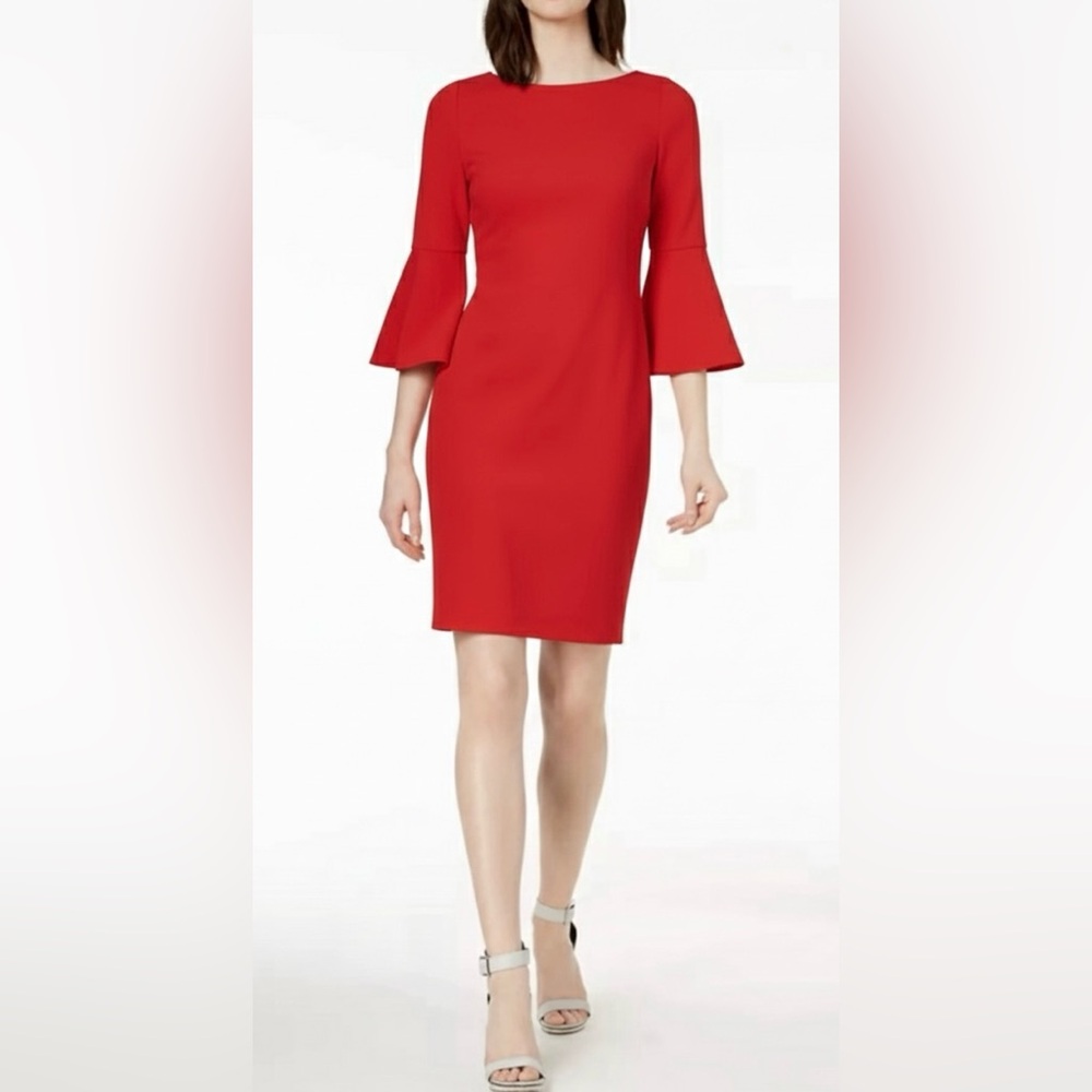 Calvin Klein 3/4 Bell Sleeve Boat Neck Sheath Dress